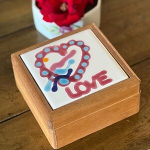 Wooden Trinket Box with Hand-Painted Tile by Lynn Adams – 5”x5”x2.5”